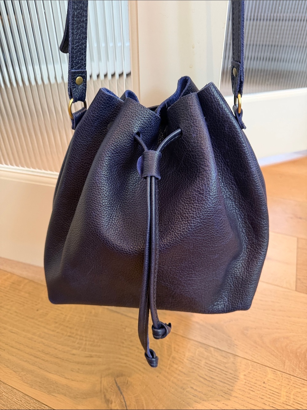 Navy Pebbled Leather Drawstring Crossbody Bag
